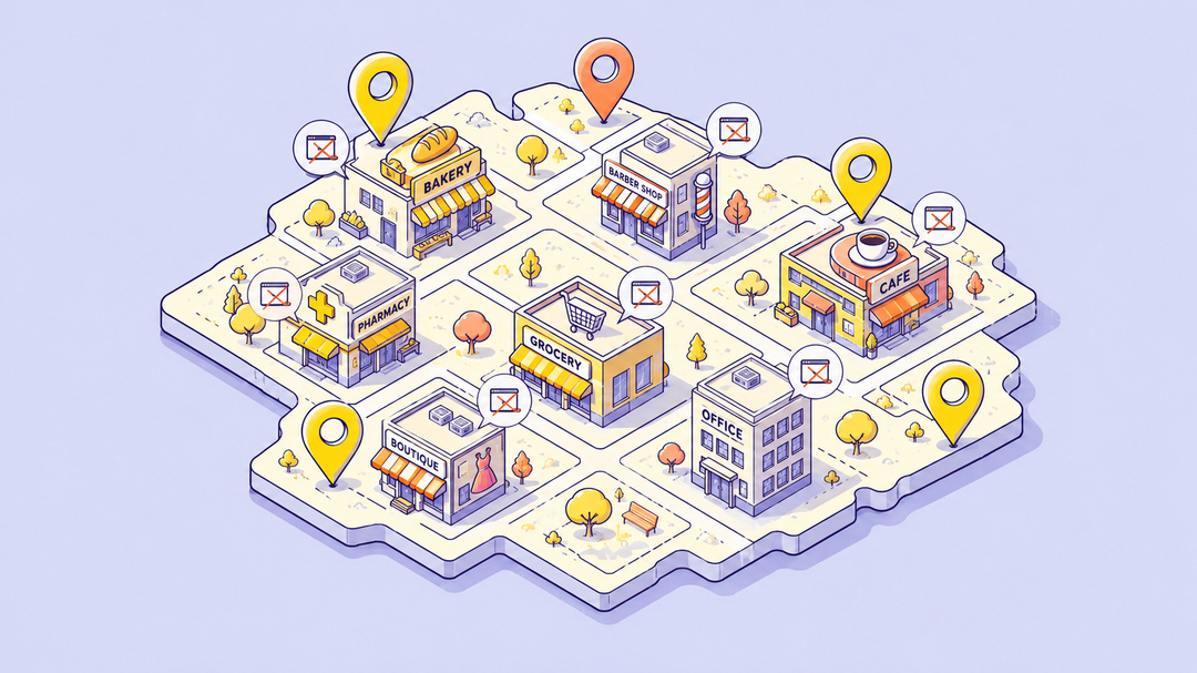 Map view showing local businesses that can be reviewed as web design leads.