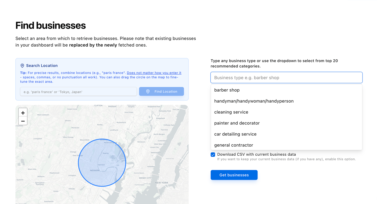 Webleadr business type dropdown showing recommended categories for finding web design leads.
