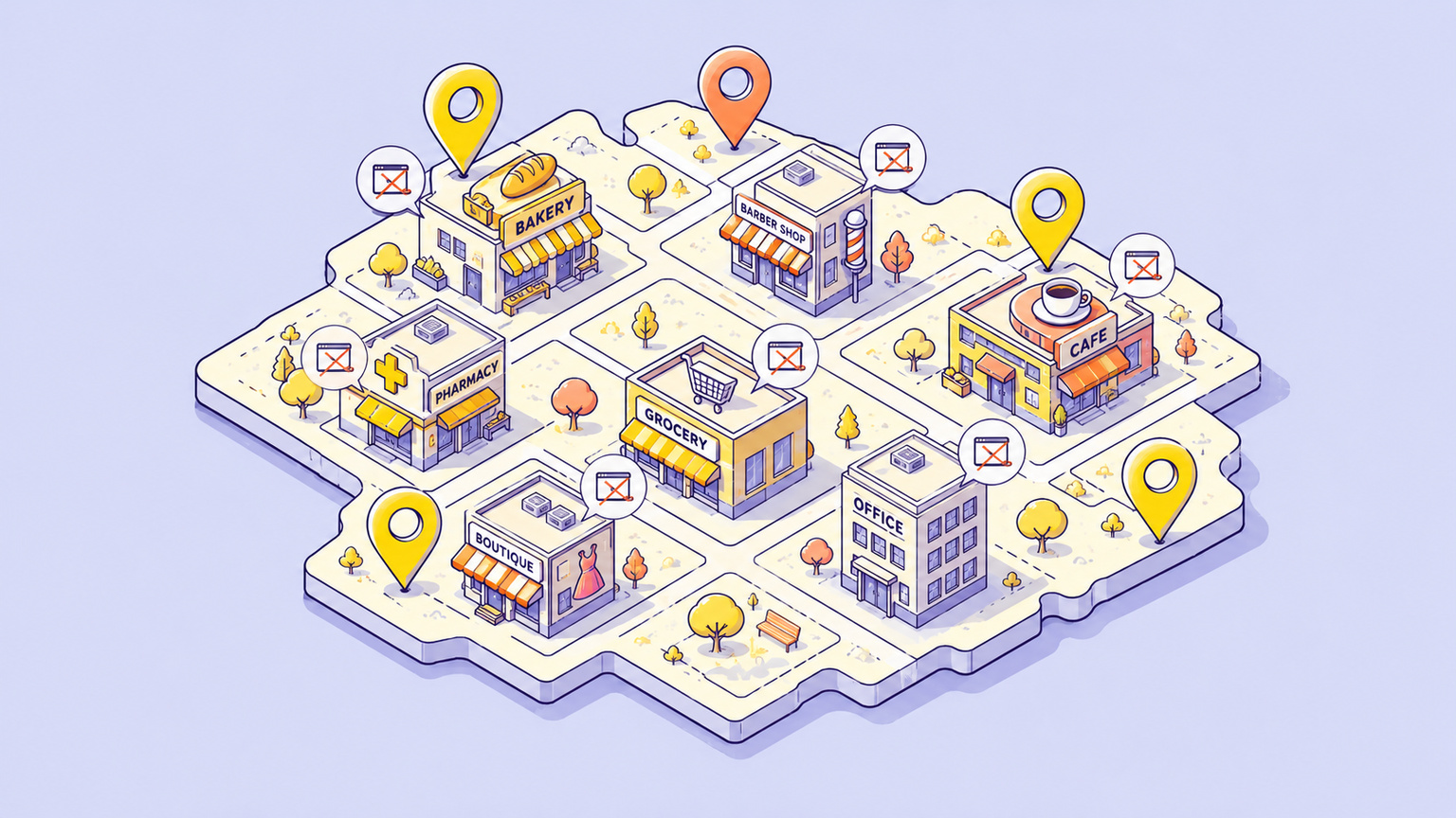 Map view showing local businesses that can be reviewed as web design leads.