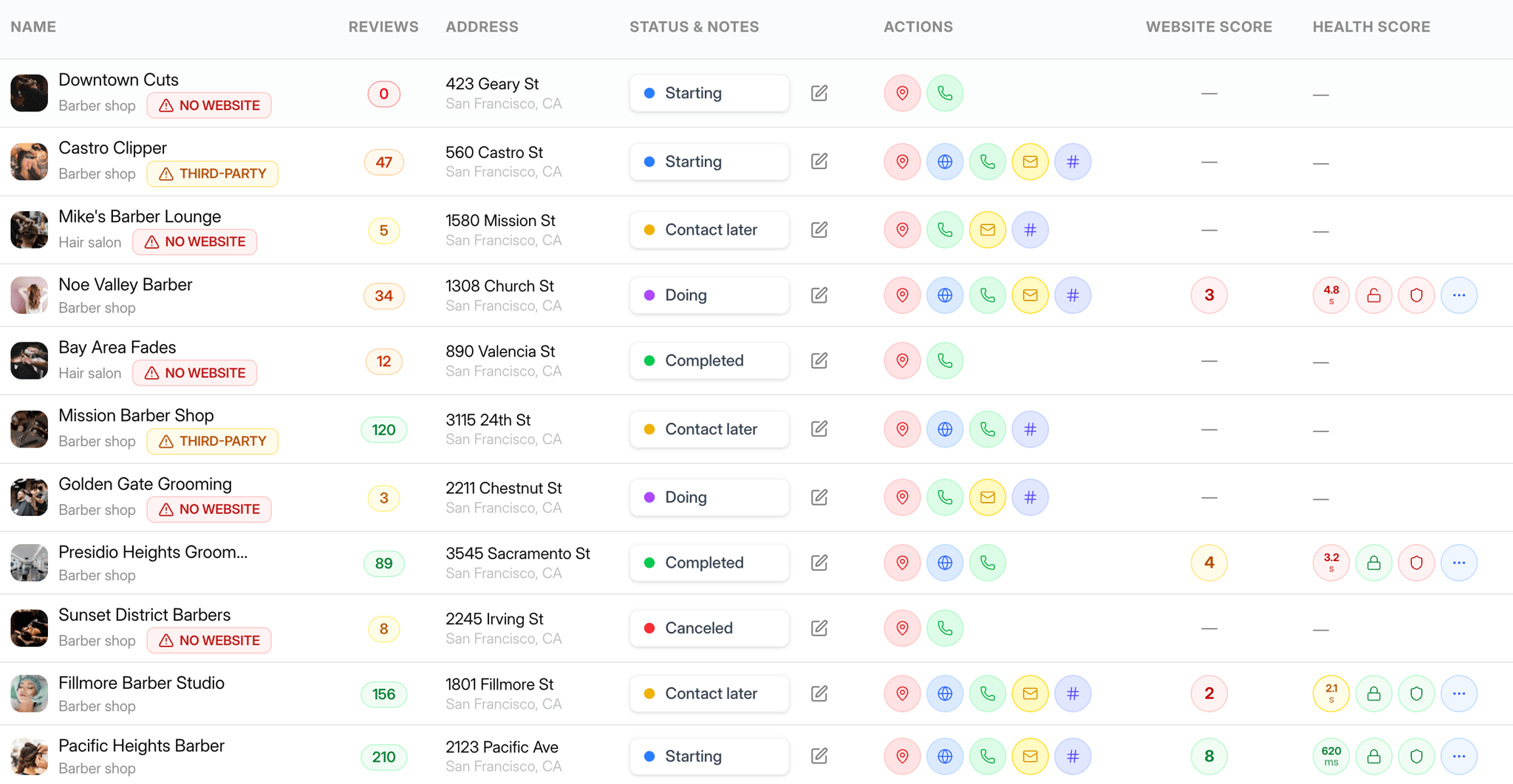 Webleadr lead generation dashboard showing web design leads, web development leads, businesses without websites and more.
