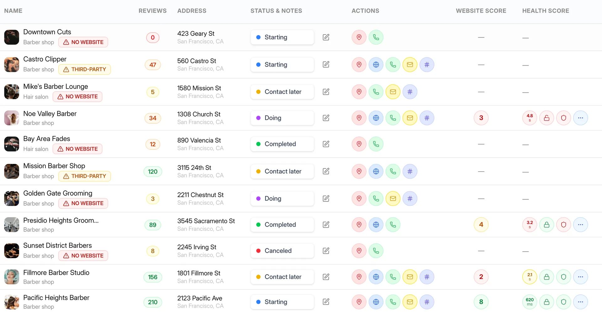 Webleadr lead generation dashboard showing web design leads, web development leads, businesses without websites and more.